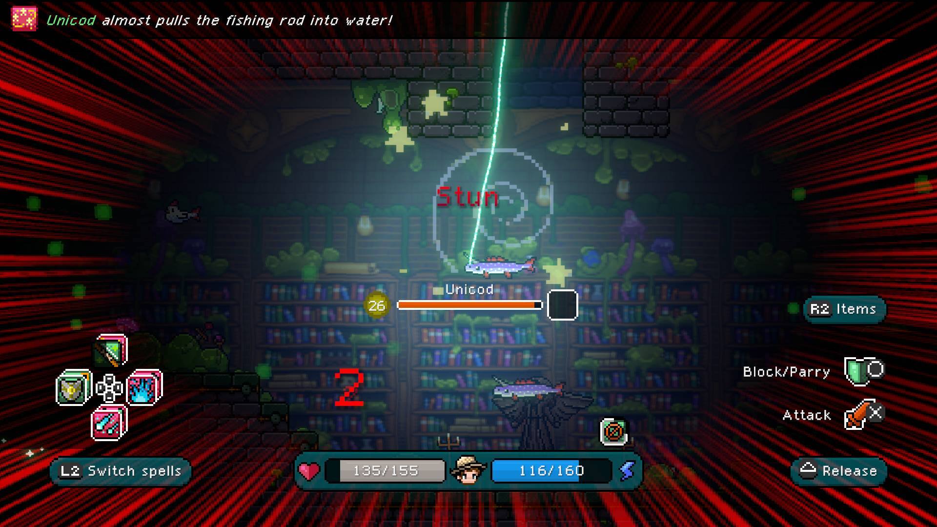 Unicod almost pulls the fishing rod into water! Stun 26 Unicod R2 Items 2 Block/Parry Attack L2 Switch spells 135/155 116/160 Release