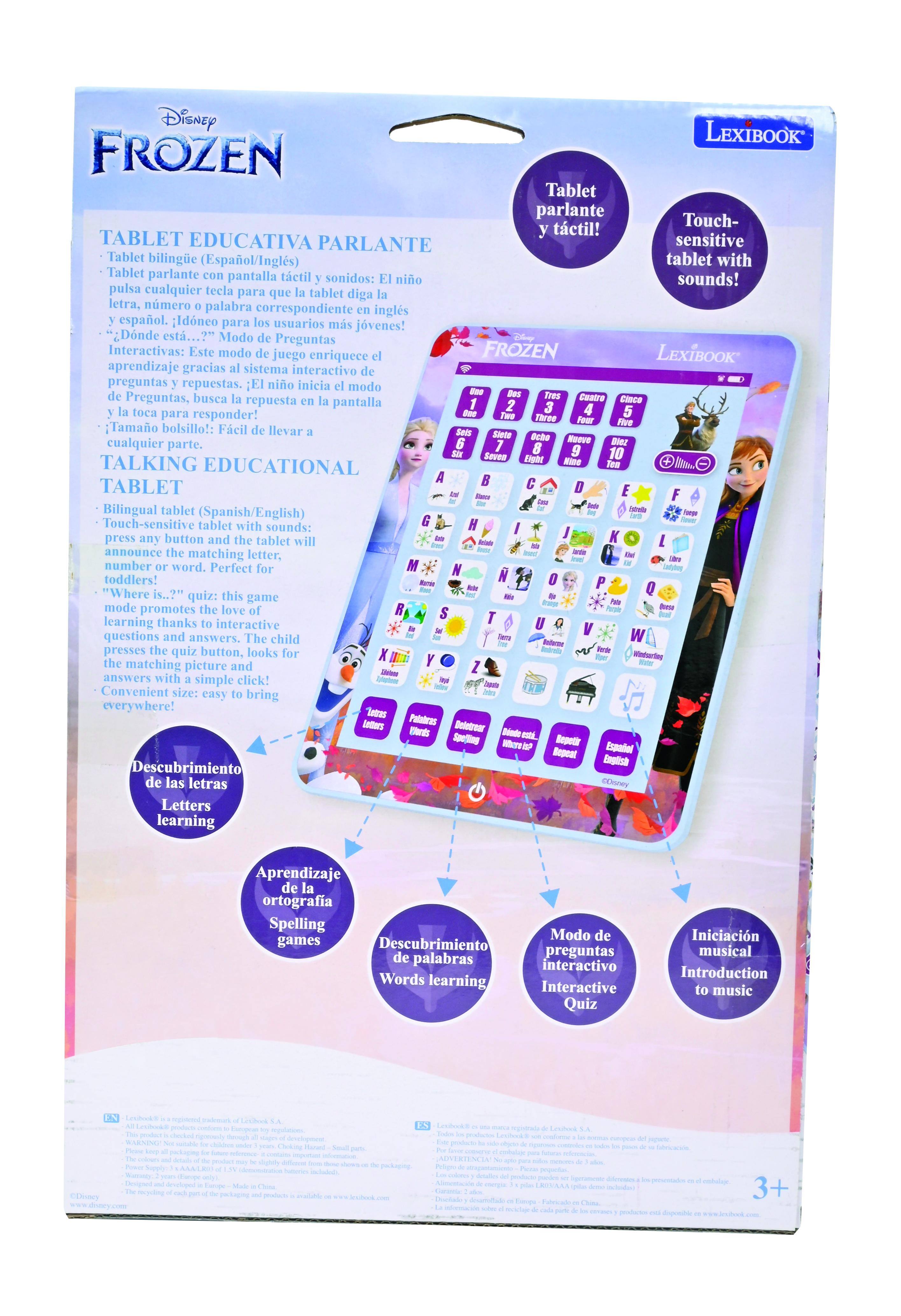 Disney LEXIBOOK FROZEN Tablet parlante Touch- tctil! TABLET EDUCATIVA PARLANTE sensitive Tablet bilinge (Español/Inglés) tablet with Tablet parlante pantalla tctil sonidos: nio sounds! pulsa cualquier tecla para que tablet diga letra, nmero palabra correspondiente ingls espaol. Idnco para usuarios ms jvenes! Dnde est... Modo Preguntas Interactivas: Este modo juego enriquece FROZEN LEXIBOOK aprendizaje gracias sistema interactivo preguntas repuestas. El nio inicia mode Preguntas, busca repuesta Ceatre pantalla toca para responder! Tamano bolsillo!: Fcil llevar Nueve cualquier parte. 10 TALKING EDUCATIONAL MoA TABLET Bilingual tablet (Spanish/English) Touch-sensitive tablet with sounds: press any button and tablet will announce matching letter, number word. Perfect toddlers! "Where is..?" quiz: this game mode promotes love learning thanks interactive questions and answers. The child W presses quiz button, looks Wintwrier matching picture and answers with a simple click! Convenient size: easy to bring everywhere!