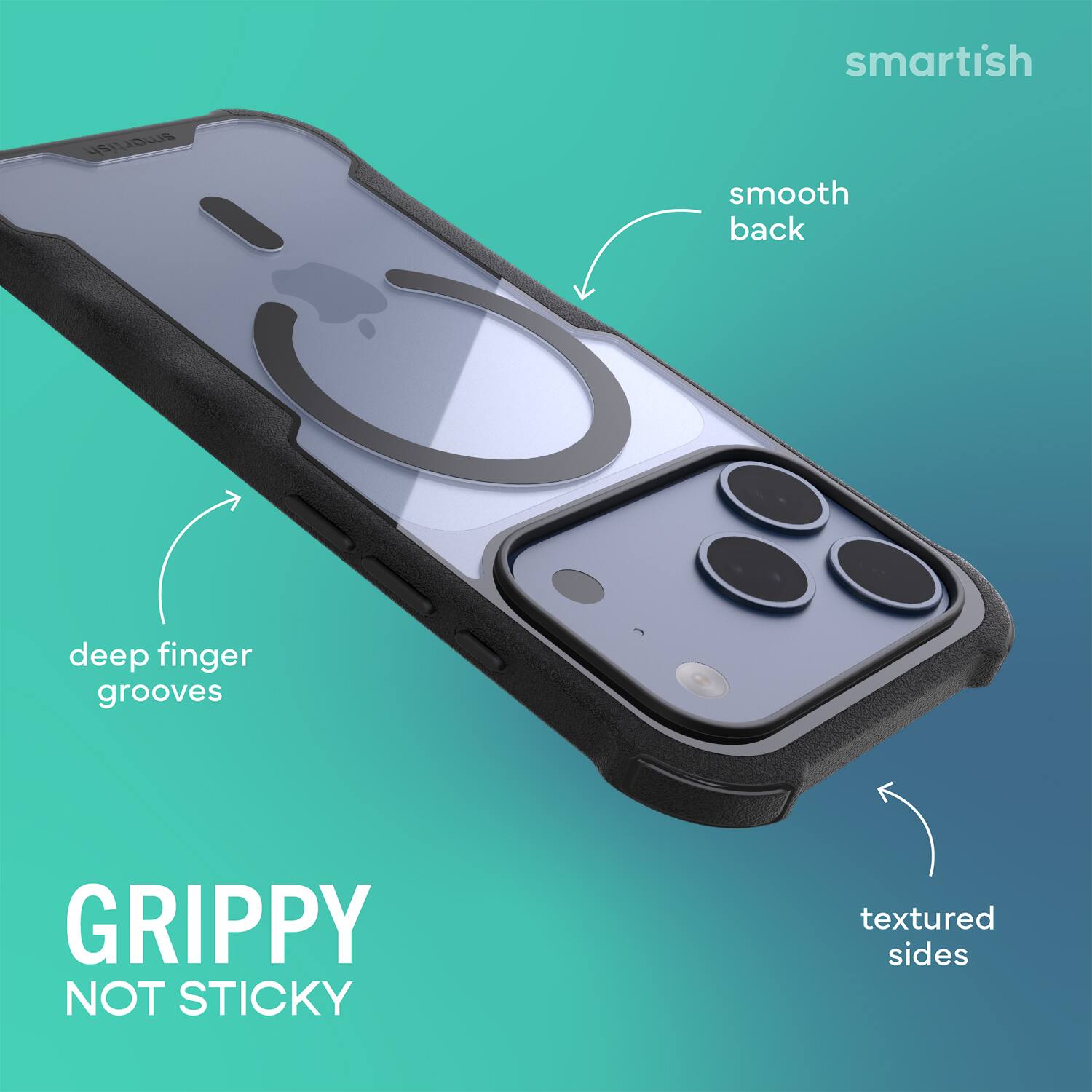 smartish  
smooth back  
deep finger grooves  
textured sides  
GRIPPY NOT STICKY