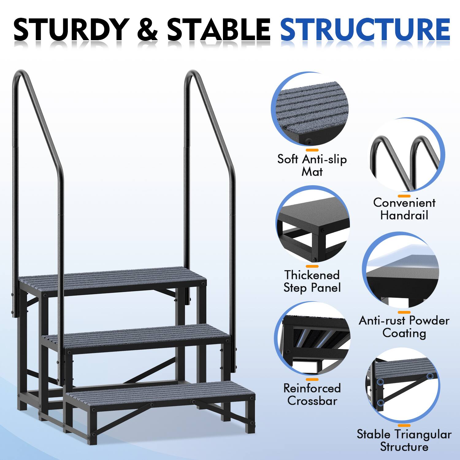 STURDY & STABLE STRUCTURE

- Soft Anti-slip Mat
- Convenient Handrail
- Thickened Step Panel
- Anti-rust Powder Coating
- Reinforced Crossbar
- Stable Triangular Structure