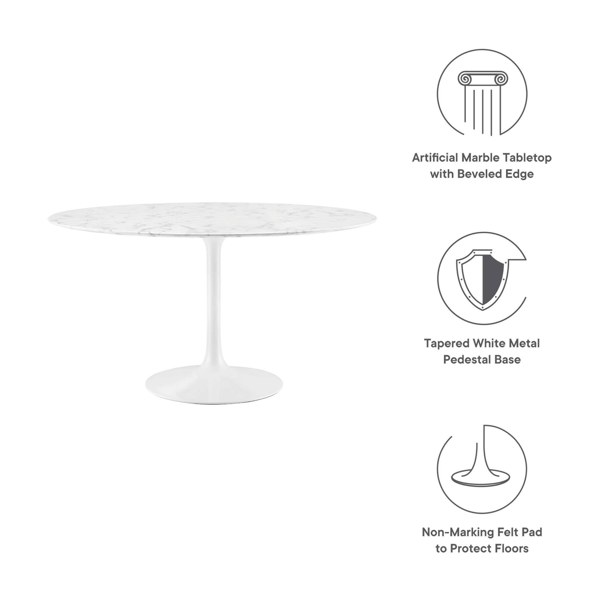 Artificial Marble Tabletop with Beveled Edge  
Tapered White Metal Pedestal Base  
Non-Marking Felt Pad to Protect Floors