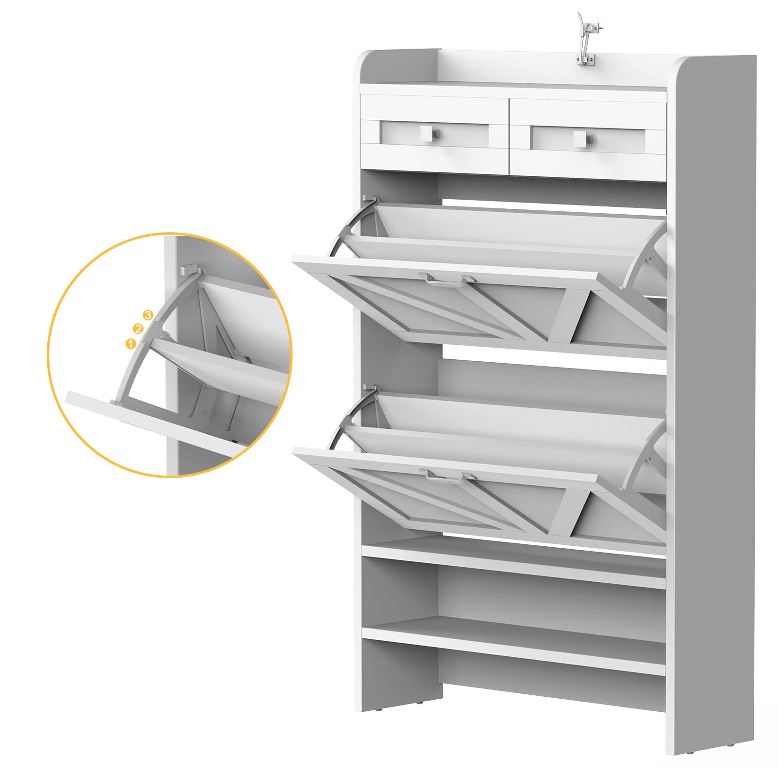 Back. Oumilen - White Slim Shoe Cabinet with 2 Flip Drawers and 2 Open Shelves - White.