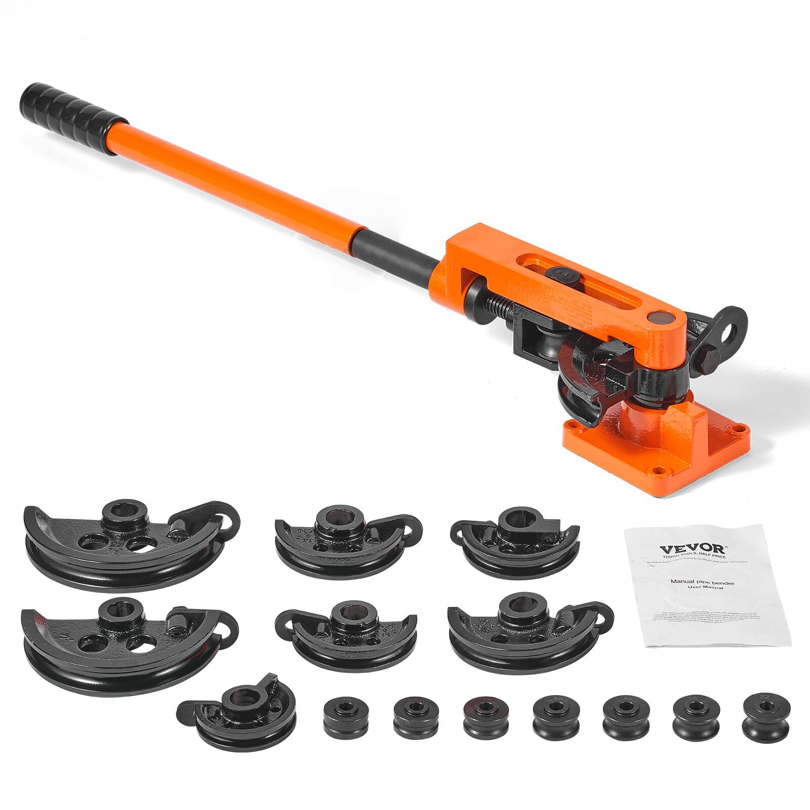 Front. VEVOR - Pipe Tube Bender, 3/8" to 1" OD Manual Pipe Tube Bender with 7 Bending Dies, 180° Copper Aluminum Pipes Bending Tools - Black + Orange.
