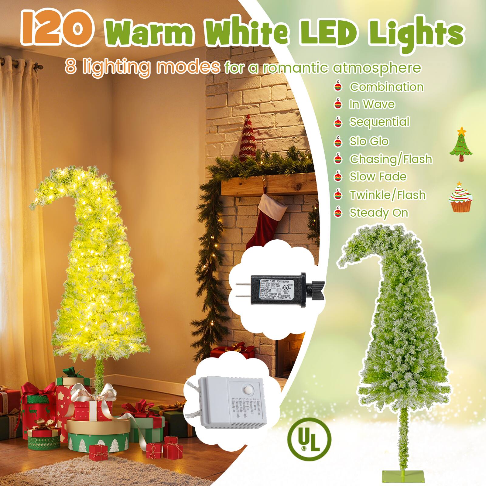 120 Warm White LED Lights  
8 lighting modes for a romantic atmosphere  
- Combination  
- In Wave  
- Sequential  
- Slo Glo  
- Chasing/Flash  
- Slow Fade  
- Twinkle/Flash  
- Steady On  

UL