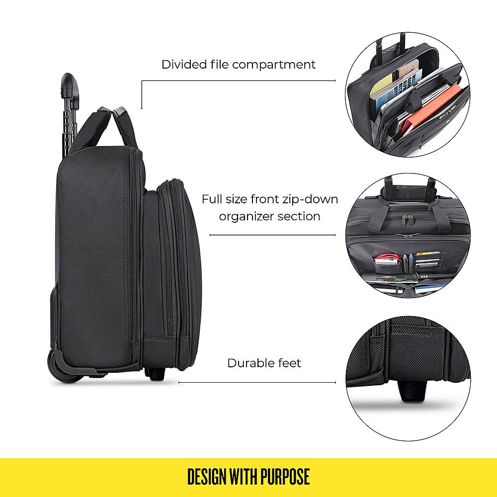 Divided file compartment, Full size front zip-down organizer section, Durable feet.