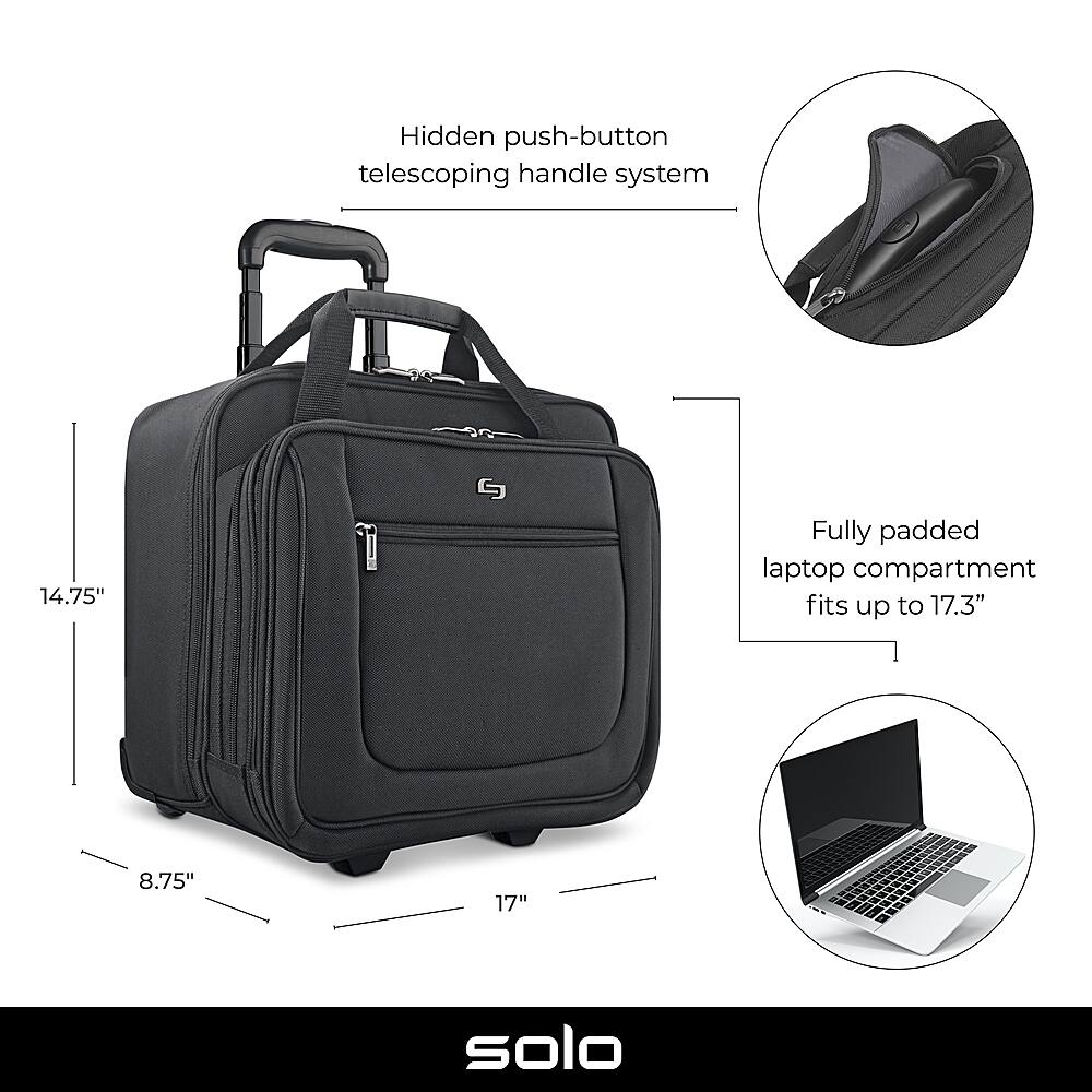 The image shows a black suitcase with a telescoping handle system, which is a hidden push-button feature. The suitcase also has a fully padded laptop compartment that can accommodate a laptop up to 17.3 inches in size. The dimensions of the suitcase are 8.75 inches in height and 17 inches in length. The brand of the suitcase is Solo.