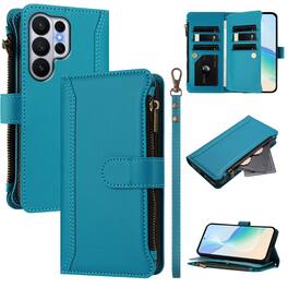 Dteck - Crossbody Wallet Case for Samsung Galaxy S26 Ultra, Shockproof Zipper PU Leather Flip Stand Cover with 9 Card Slots - Blue