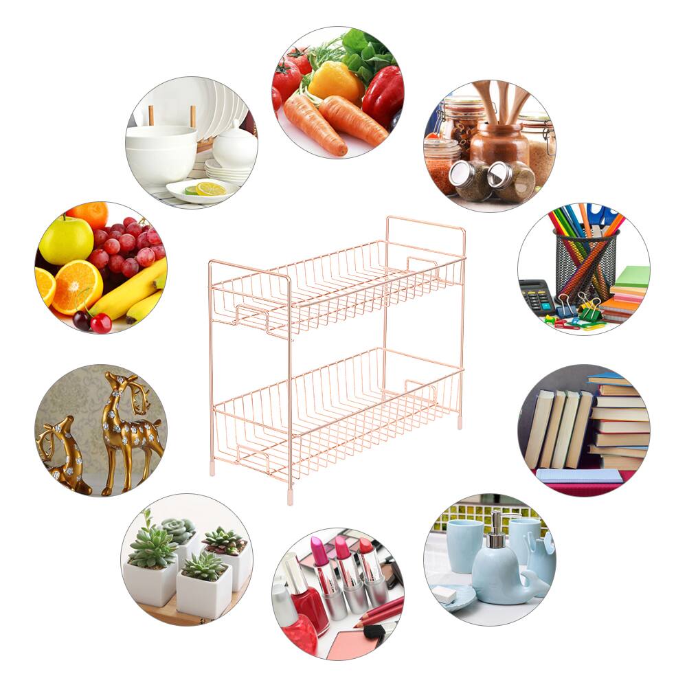 Back. Oumilen - 2‑Tier Rose Gold Spice Rack – Countertop Wire Organizer Shelf for Kitchen & Bathroom - Rose Gold.