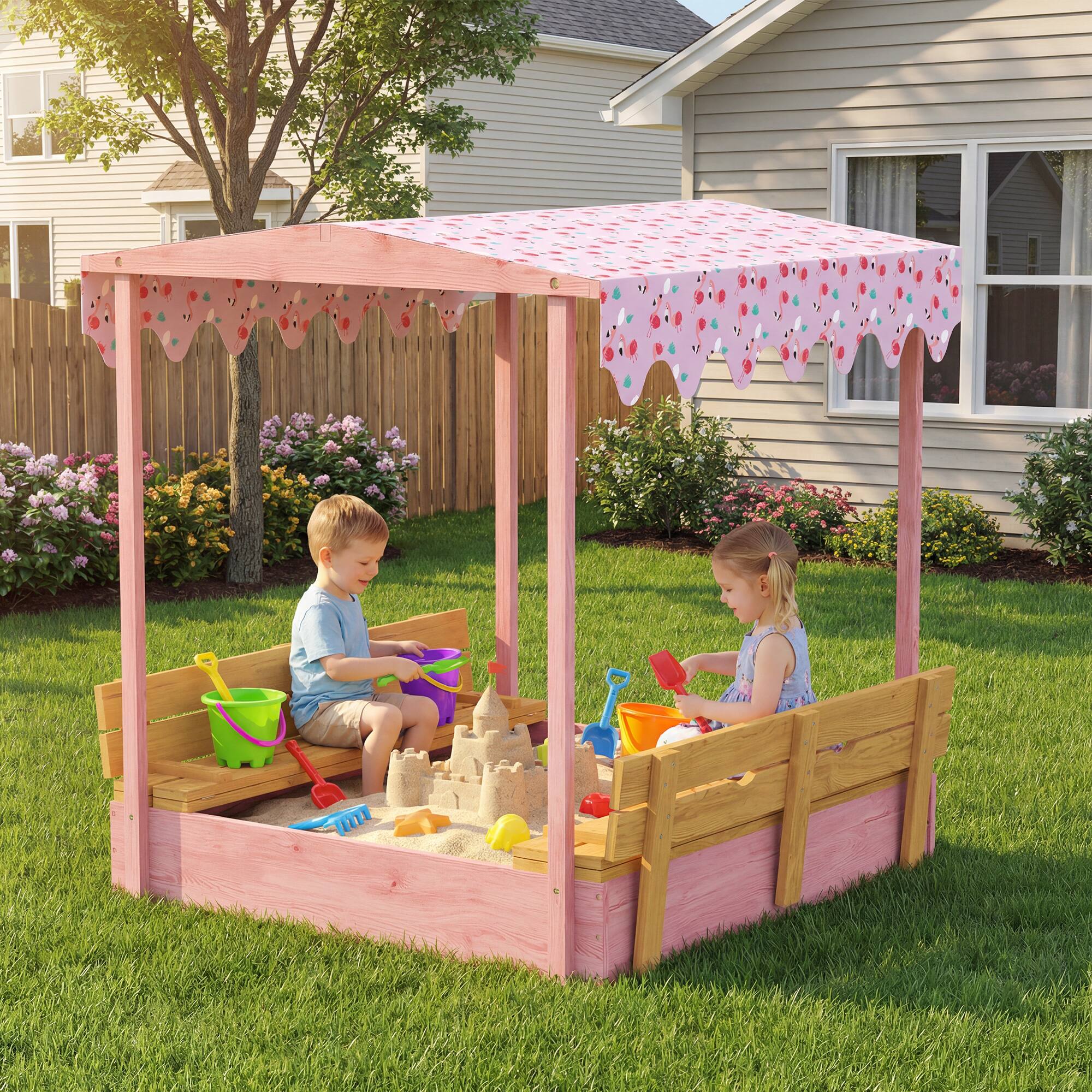 Alt View 1. Qaba - Sandbox with Cover, Kids Sandbox Outdoor with Seat, Bottom Liner, Canopy for Ages 3-6 - Pink.