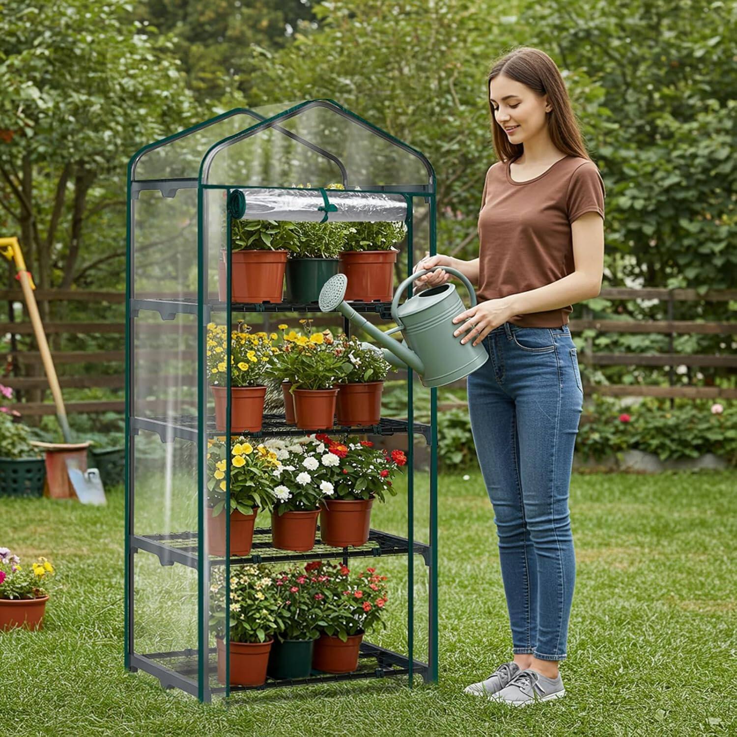 Alt View 3. Winado - 27"x19.6"x63" Mini Greenhouse, Small PVC Plant Green House with 4 Tiers Rack, Shelf Clips, Roll-up Zipper Door - White.