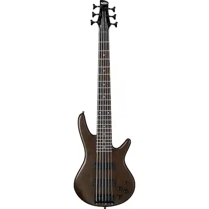 Front. Ibanez - Ibanez GSR 6-String Bass Guitar, Right, Walnut Flat - Charcoal Brown Burst.