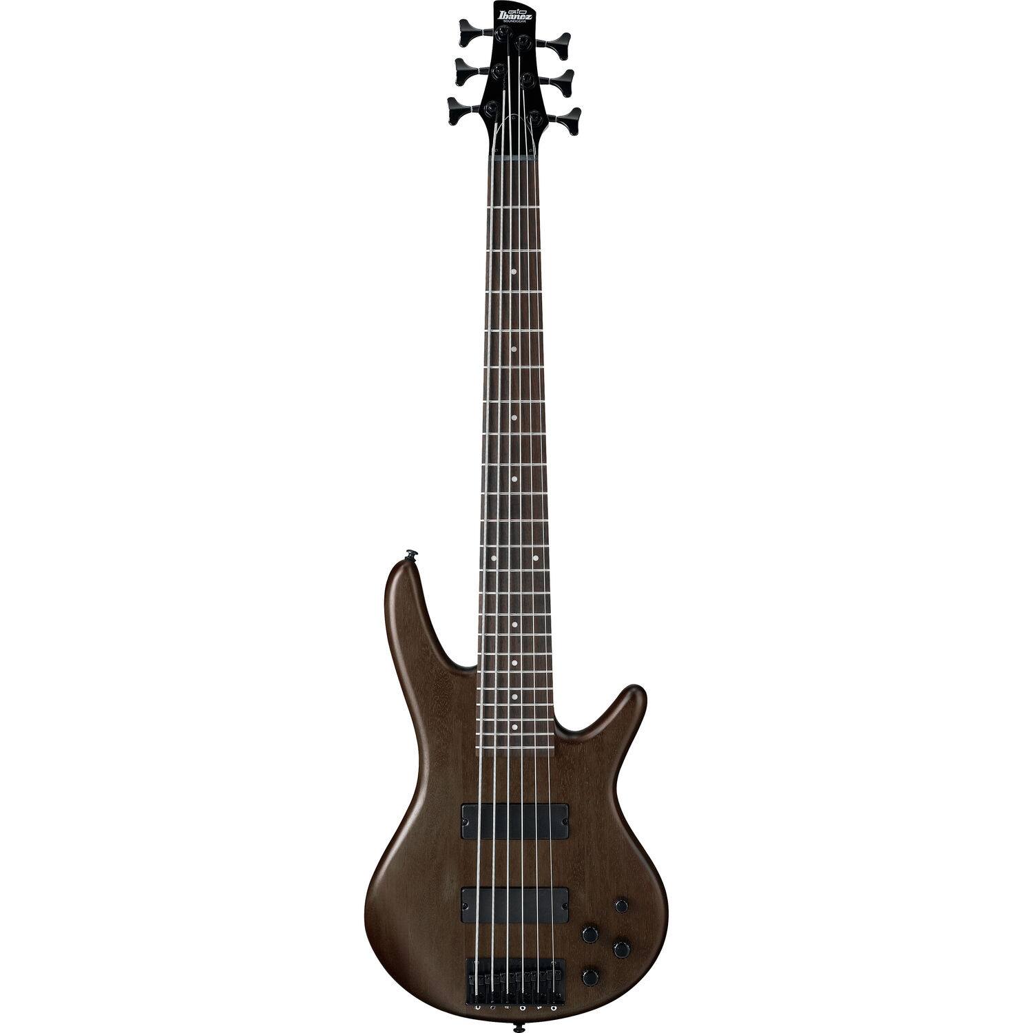 Front. Ibanez - Ibanez GSR 6-String Bass Guitar, Right, Walnut Flat - Charcoal Brown Burst.