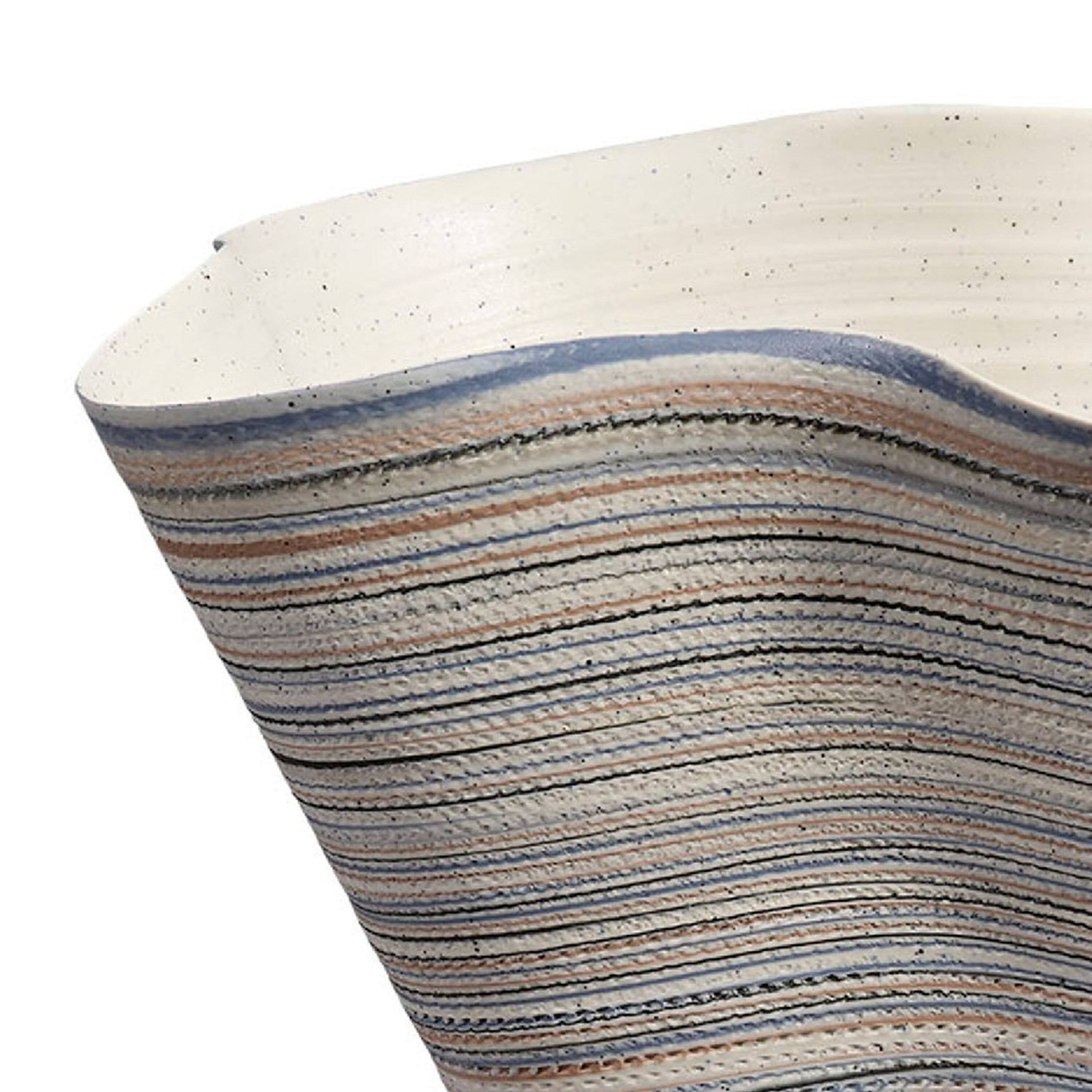 Left. Manhattan Lane - Kerya Decorative Vase, 16 Inch   Striped, Wavy Rim Porcelain - Blue, White.