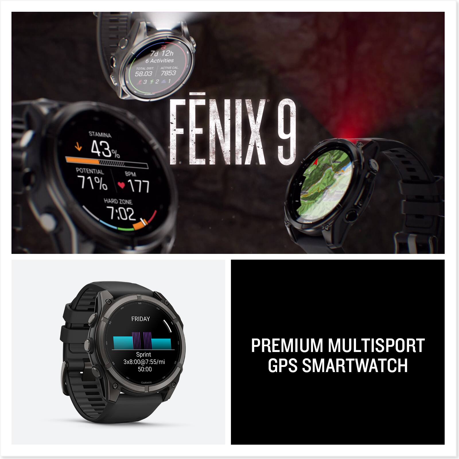 7d 12h  
6 Activities  
TOTAL DIST. 58.03  
ACTIVE CAL 7853  
3 2 1  
STAMINA 43%  
FNIX 9  
POTENTIAL BPM 71% 177  
HARD ZONE 7:02  

FRIDAY  
Sprint 3x8:00@7:55/mi 50:00  

PREMIUM MULTISPORT GPS SMARTWATCH