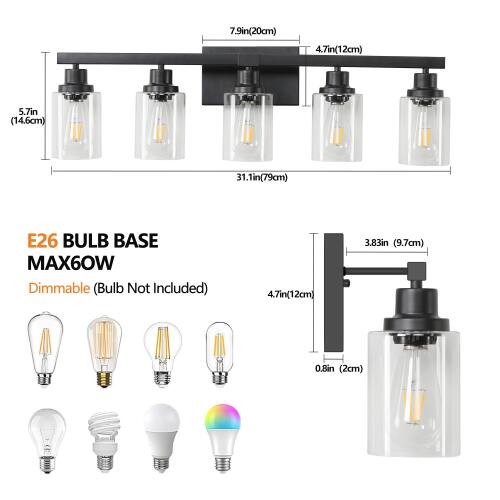 7.9in(20cm)  
4.7in(12cm)  
5.7in (14.6cm)  
31.1in(79cm)  
E26 BULB BASE  
MAX60W  
Dimmable (Bulb Not Included)  
4.7in(12cm)  
3.83in (9.7cm)  
0.8in (2cm)
