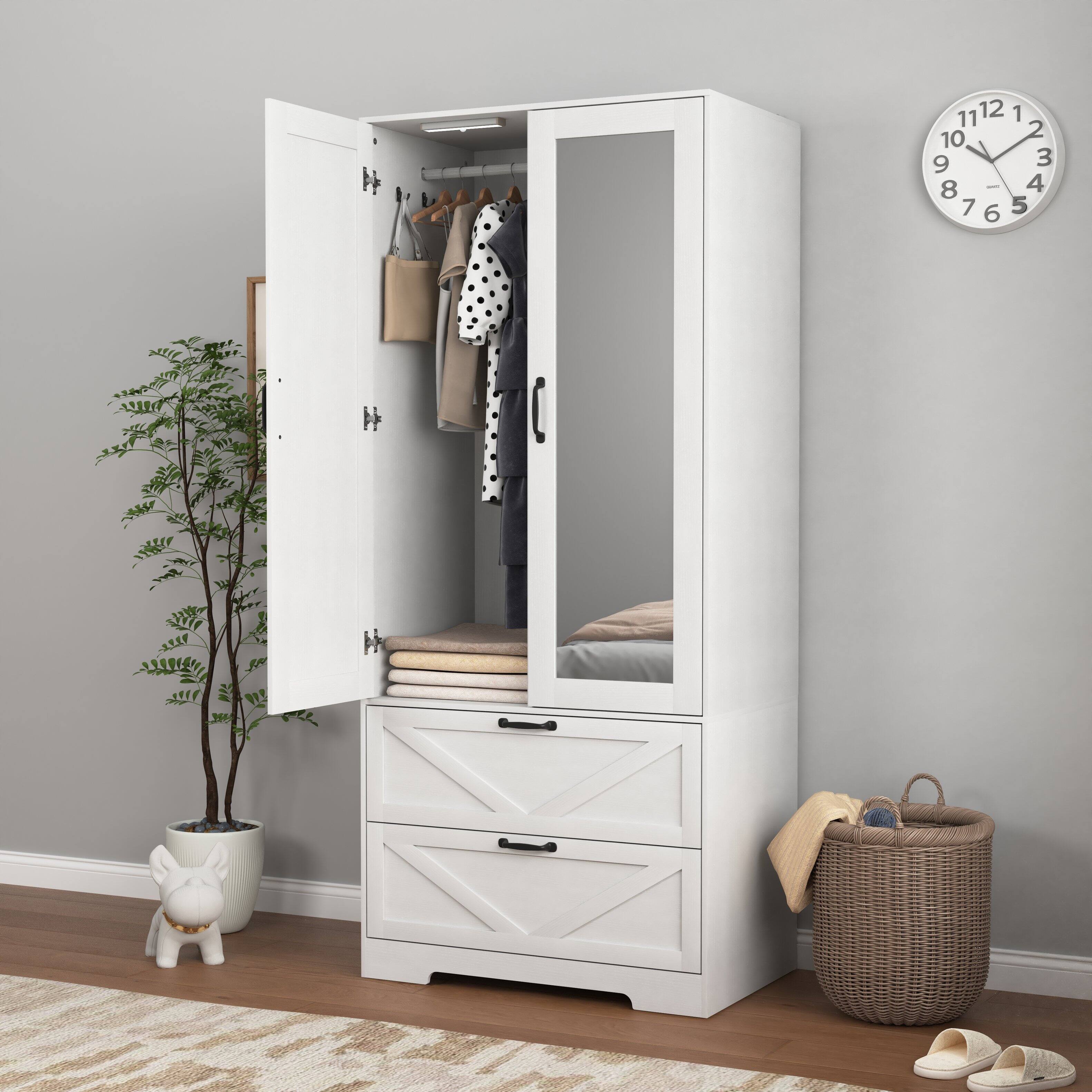 Back. Z-Edge - Wooden Armoire Wardrobe with Mirror and 2 Drawers, 2 Doors, 71.7" Tall Freestanding Clothing Storage Cabinet for Bedroom - White.