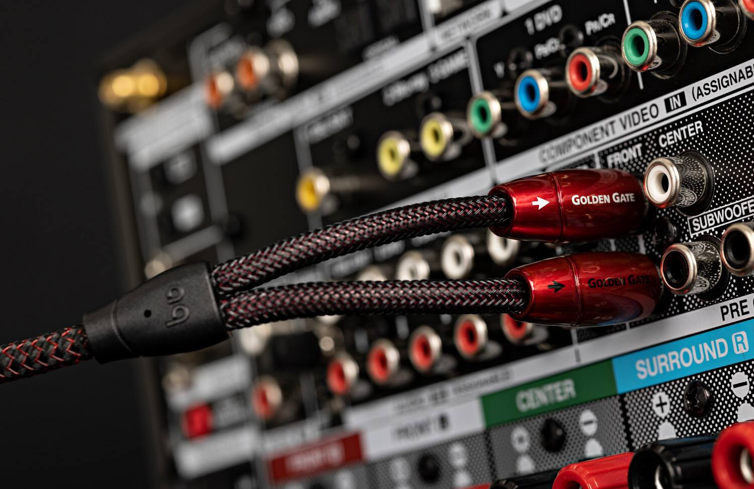 The text on the image reads: "Golden Gate Subwoofer, Golden Gate Pre-Amp, Golden Gate Video Component Center, Golden Gate Surround Center."