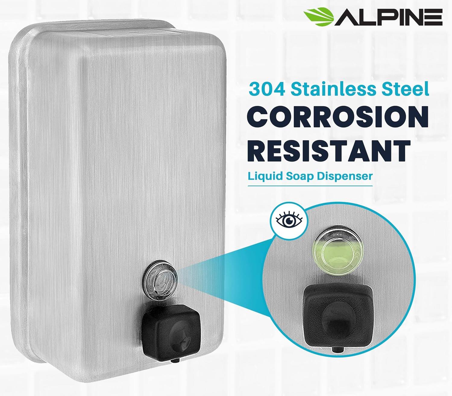 ALPINE 304 Stainless Steel CORROSION RESISTANT Liquid Soap Dispenser