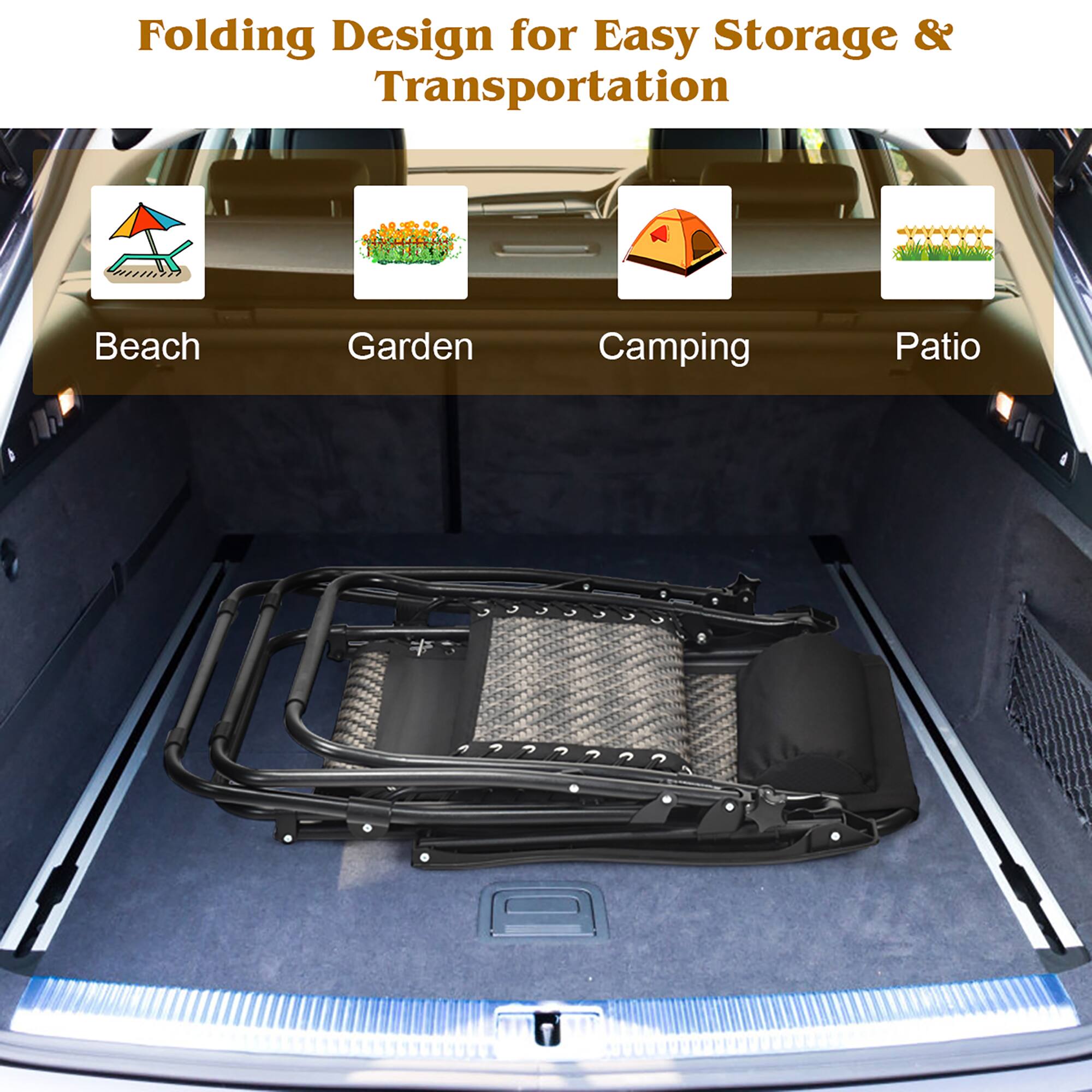 Folding Design for Easy Storage & Transportation

Beach
Garden
Camping
Patio
