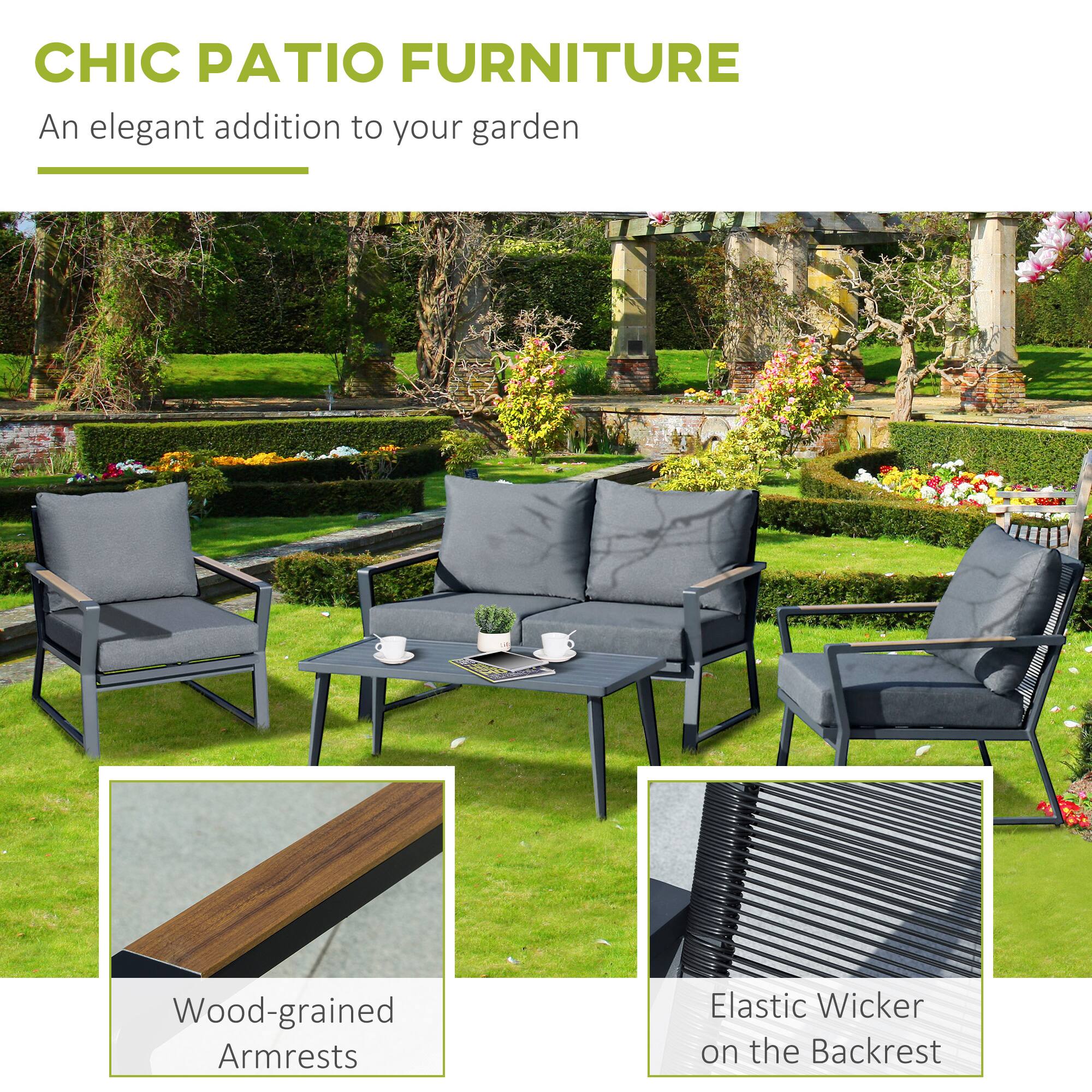 CHIC PATIO FURNITURE
An elegant addition to your garden
Wood-grained Armrests
Elastic Wicker on the Backrest