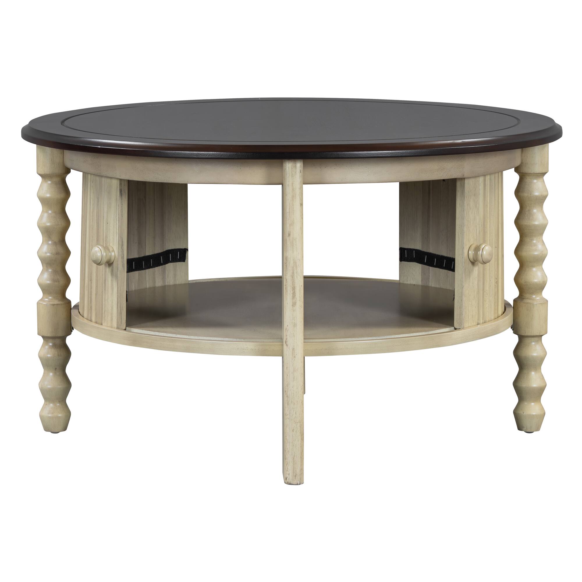 Alt View 4. Lirago - 30" Vintage Round Coffee Table Mid Century Modern Style Finish with Sliding Door Storage Slatted Design Accent Table - Beige.