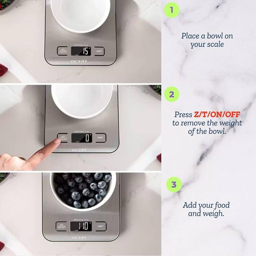 1. Place a bowl on your scale.

2. Press Z/T/ON/OFF to remove the weight of the bowl.

3. Add your food and weigh.