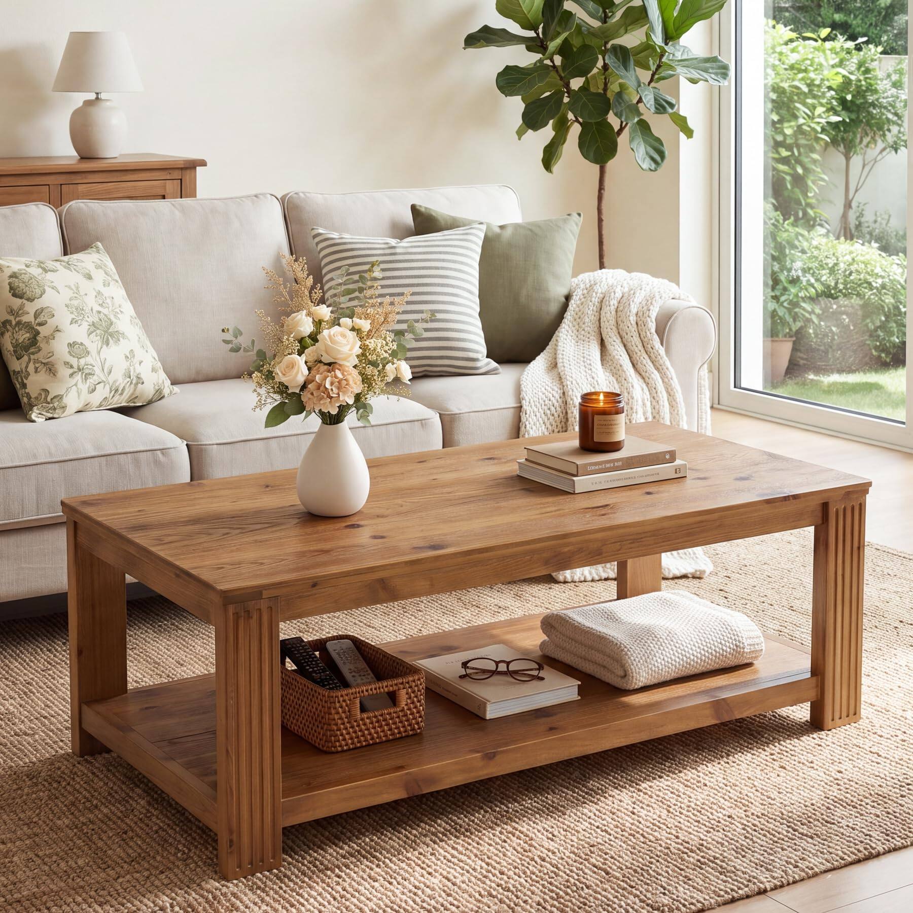 Front. Tribesigns - 55" Solid Wood Coffee Table with Storage Shelf, Rustic - Brown.