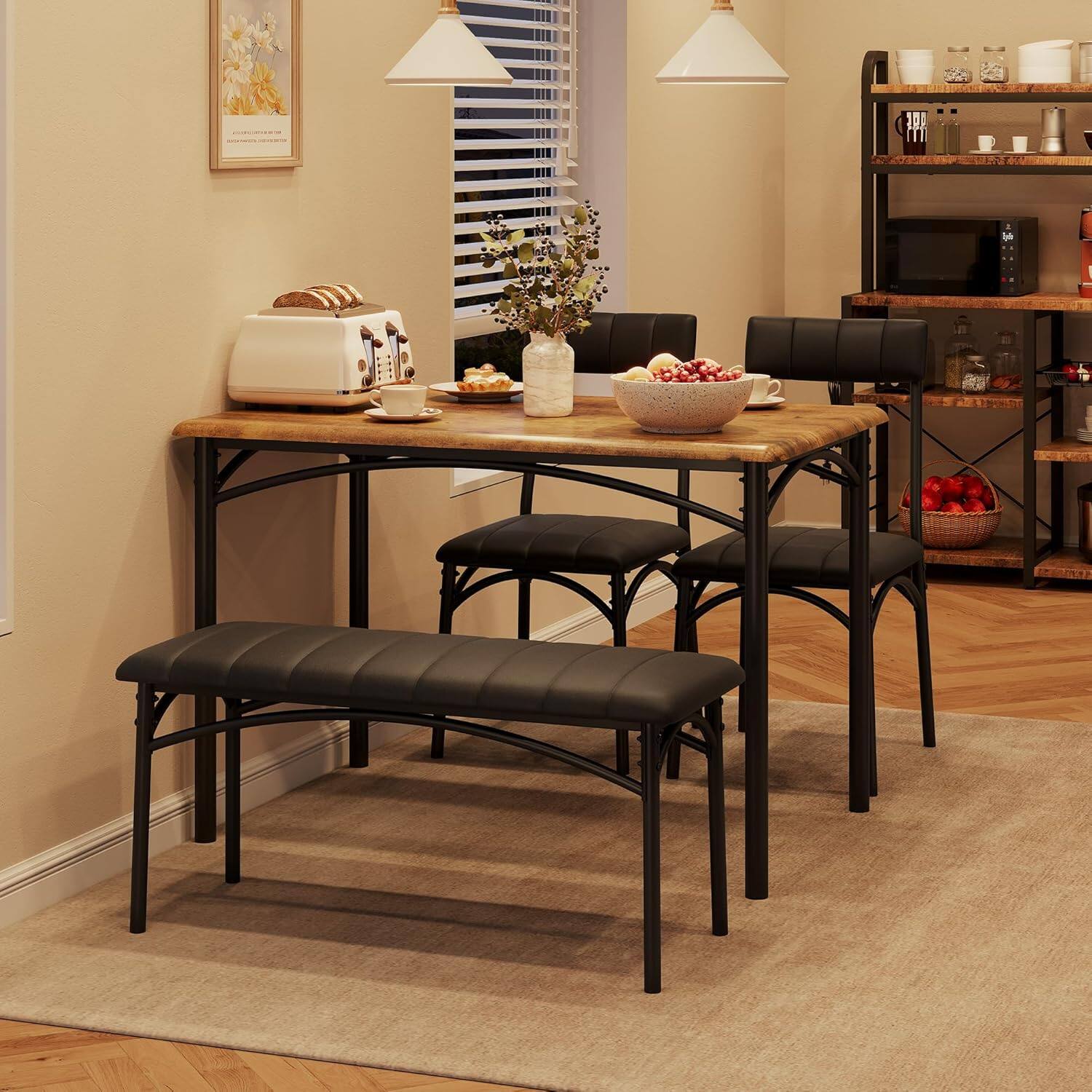 Alt View 1. Qeetex - 4-Piece Wood Dining Table Set: Rectangular Table, 4 Chairs & Upholstered Bench for Small Spaces - Brown.