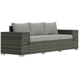Outsunny - 3 Seater Wicker Sofa with 2 Storage Side Tables and Thickened Cushions, Rattan Outdoor Patio Sofa with Wide Armrests - Gray