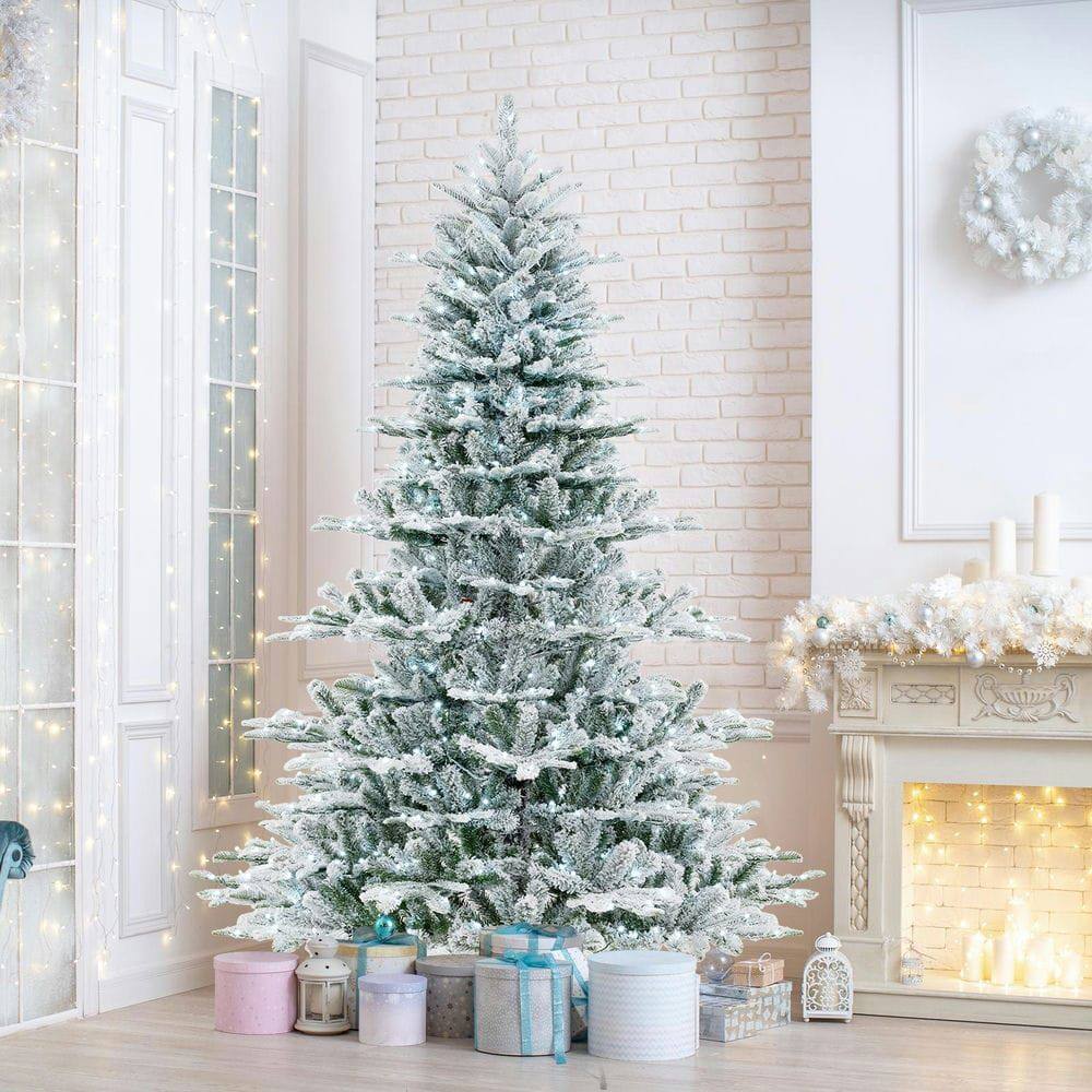 Alt View 4. Resenkos - Resenkos 7-Ft Snow Flocked Artificial Christmas Tree - Cool White LEDs, Green/White - Green.