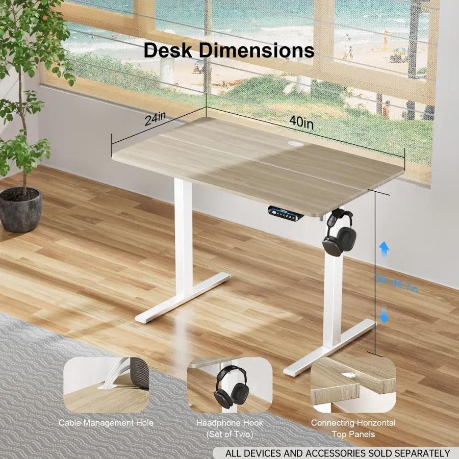 Desk Dimensions: 24in x 40in. The desk is designed for cable management and comes with a headphone hook set of two. It can be connected to horizontal top panels. All devices and accessories are sold separately.