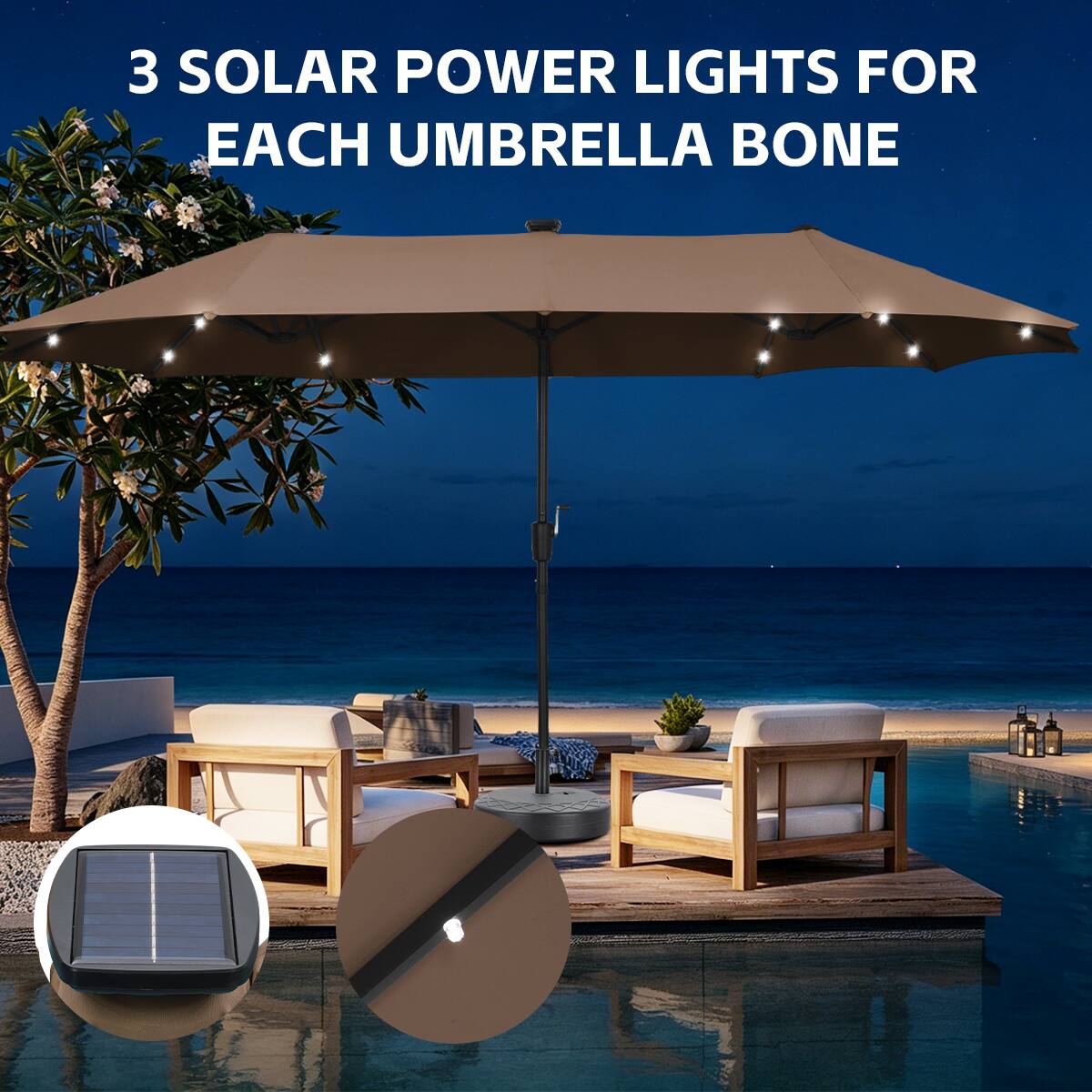 3 SOLAR POWER LIGHTS FOR EACH UMBRELLA BONE