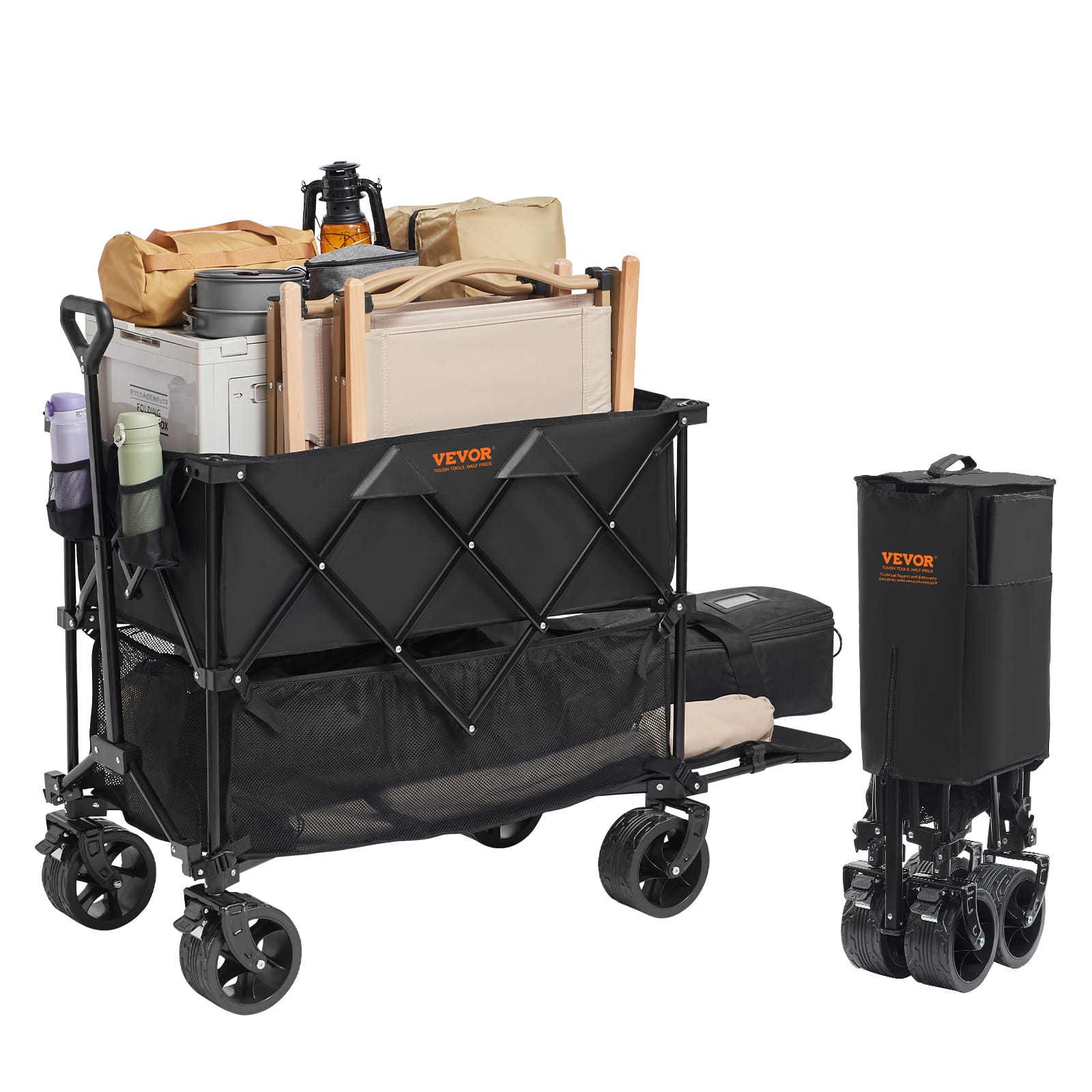 VEVOR - Foldable Double Decker Wagon, 400L Collapsible Wagon Cart with All-Terrain Wheels, Heavy Duty Folding Wagon Cart - Black