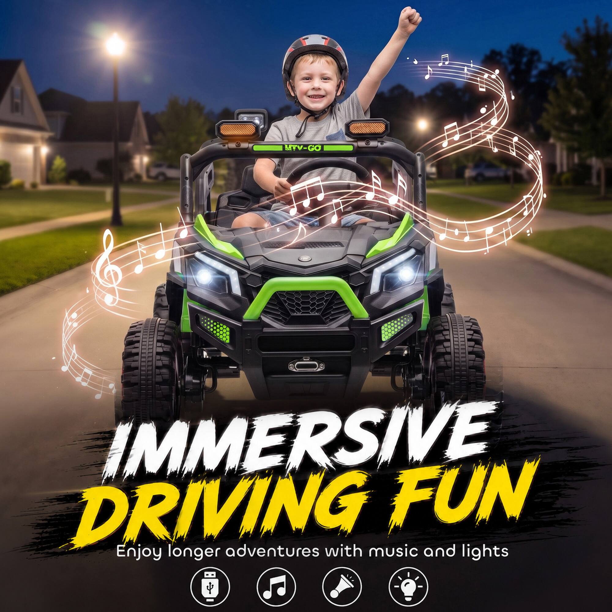 IMMERSIVE FUN DRIVING  
Enjoy longer adventures with music and lights