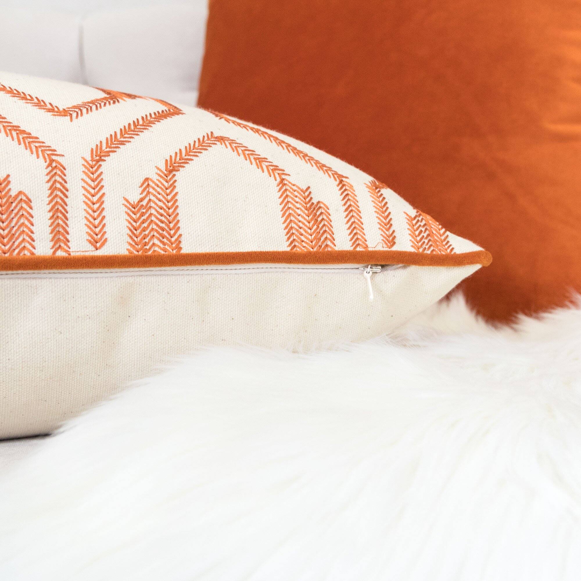 Left. TinyHomie - Geometric Embroidered Cotton Throw Pillow Rust Modern Accent - Rust.