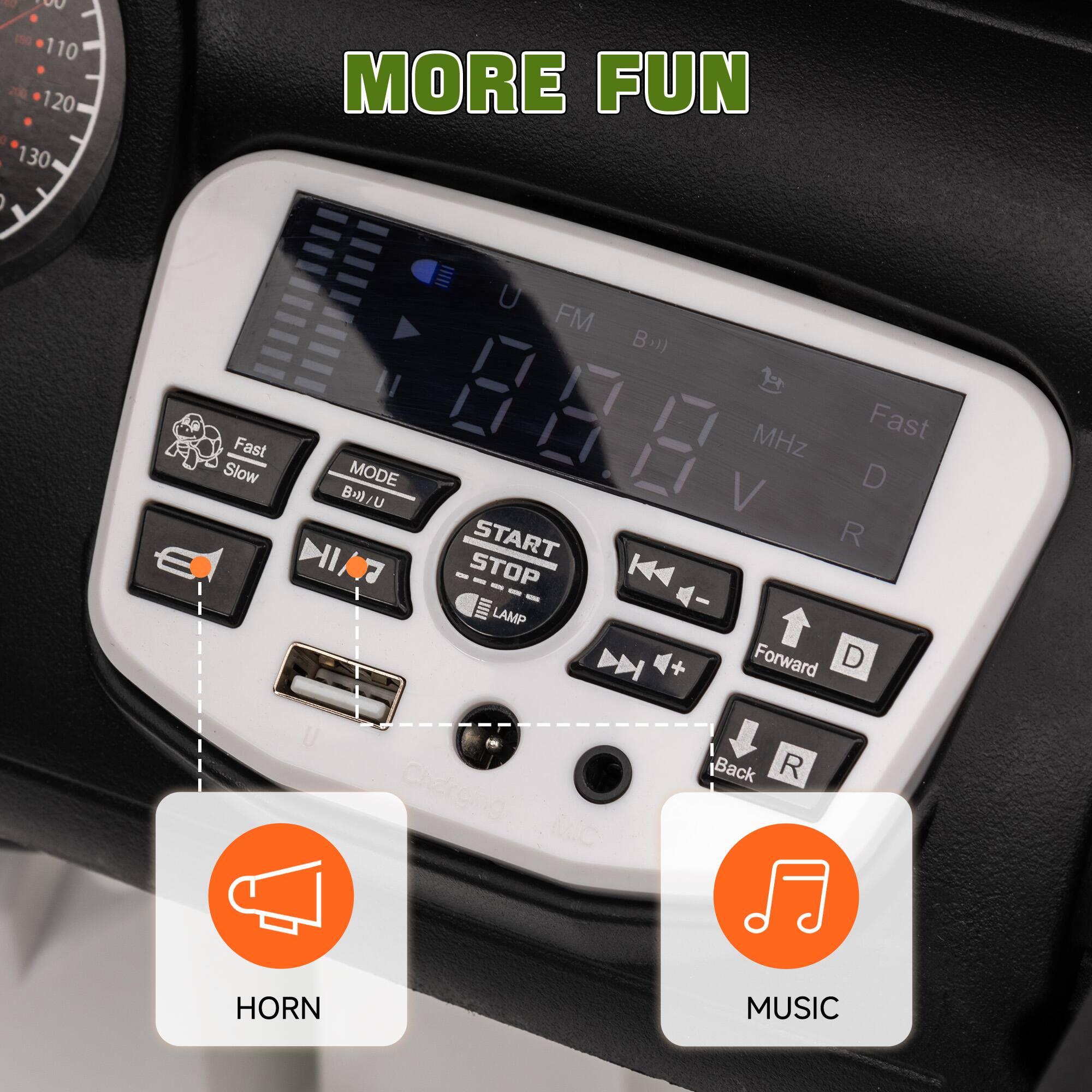 - DU 180 110 200 120 0 130 1 MORE FUN IIII U FM B )) Fast Slow MODE B/U START STOP LAMP MHz Fast V D R Forward D Cherging Back R HORN MUSIC