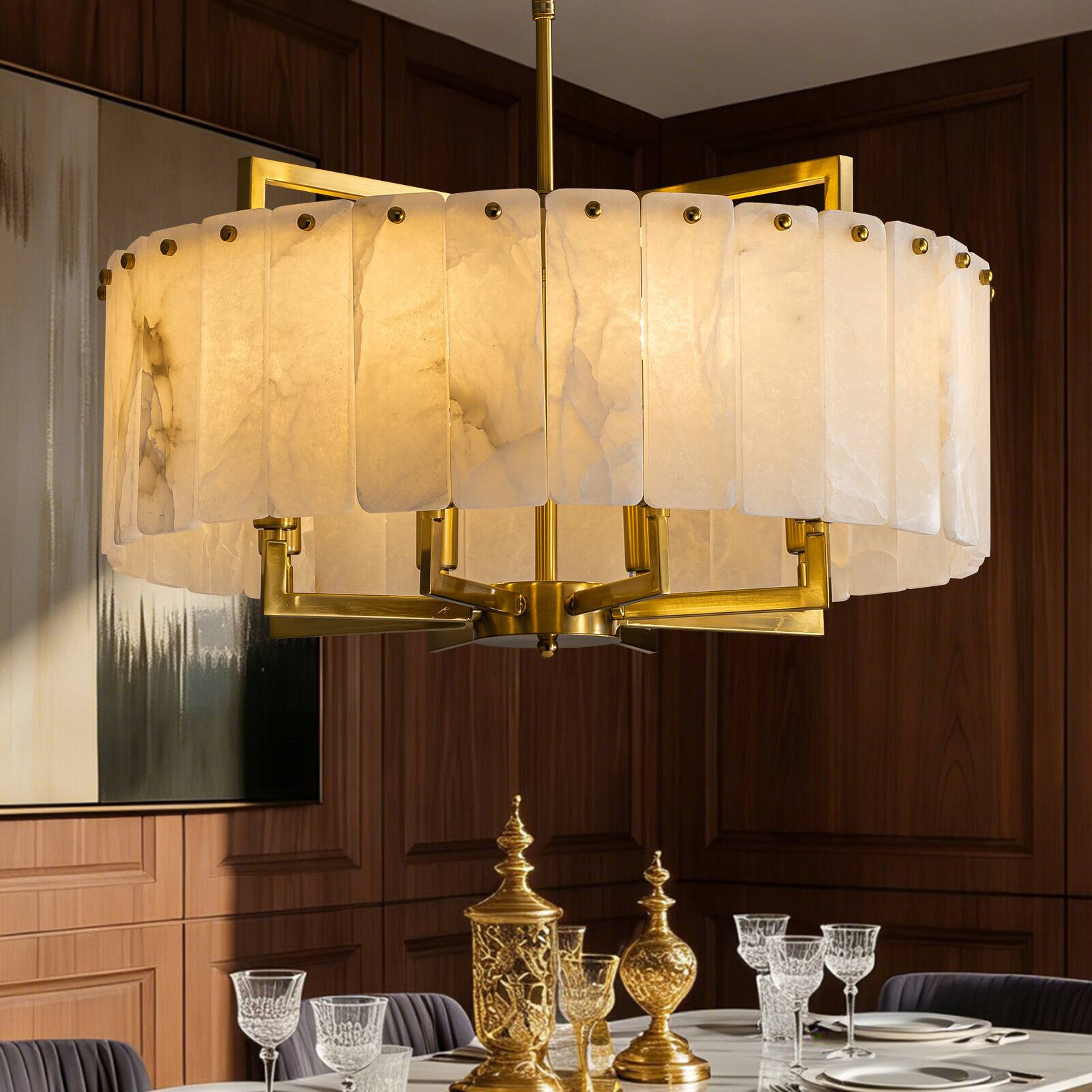 Angle. Siljoy - 24 Inch Alabaster Round Chandelier, Modern Luxury 8-Light Brass Marble Pendant Light for Living Dining Entryway - Gold Brass.