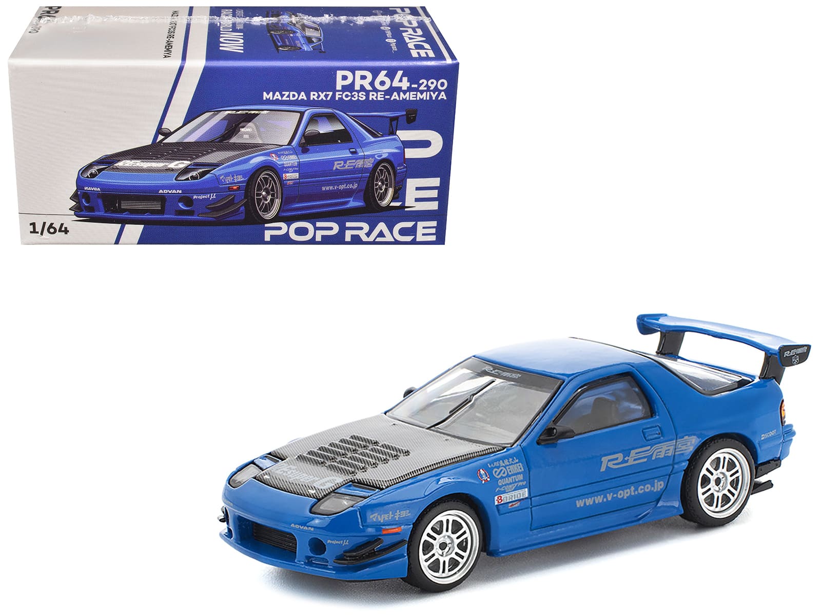 Mazda RX7 (FC3S) RE Amemiya RHD (Right Hand Drive) with Carbon Hood 1/64 Diecast Model Car by Pop Race - Blue Metallic