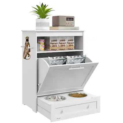 Front. Pawhut - Feeding Station, Pet Feeder Cabinet Container with Raised Bowls and Hanger for Feeding & Watering Supplies - White.