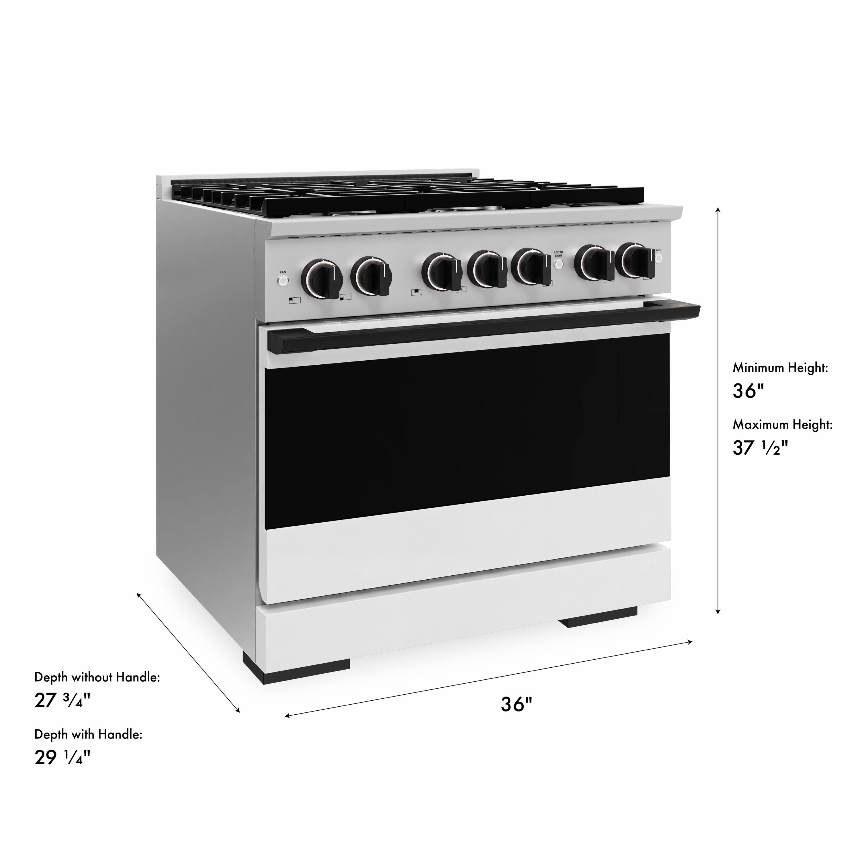 Minimum Height: 36"  
Maximum Height: 37 1/2"  
Depth without Handle: 27 3/4"  
Depth with Handle: 29 1/4"