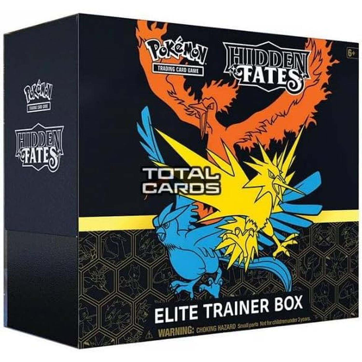 Pokémon Hidden Fates  
Trading Card Game  

Total Cards  
Elite Trainer Box  

6+  
Not for children under 3 years.  
Warning: Choking Hazard - Small parts.