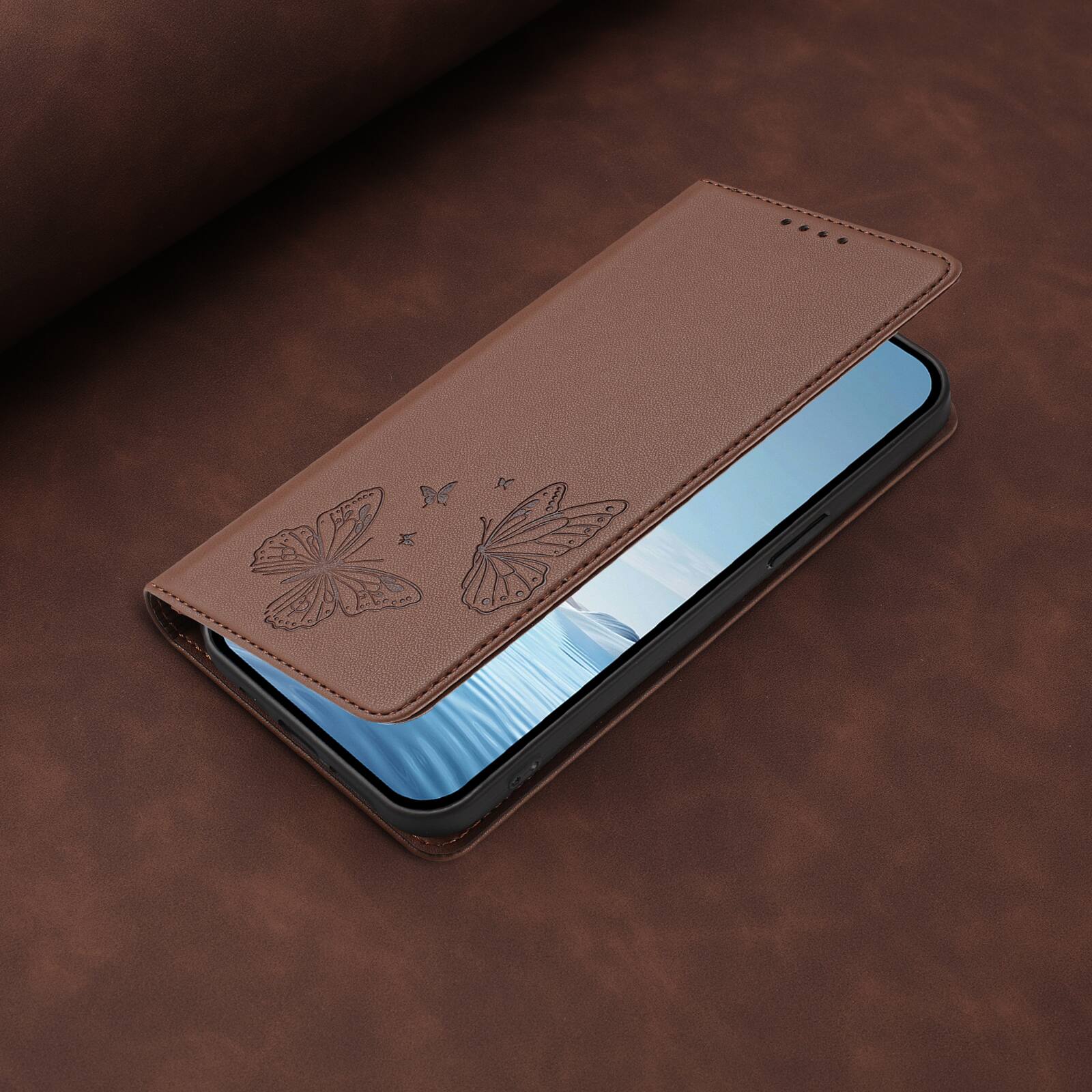 Alt View 4. Dteck - For Motorola G 5G (2026) Butterfly Embossed PU Leather RFID Blocking Flip Kickstand Wallet Case with Card Slots - Brown.