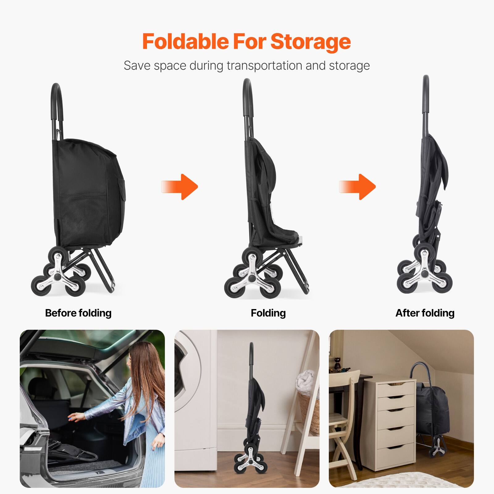 Foldable For Storage  
Save space during transportation and storage  

Before folding  
Folding  
After folding