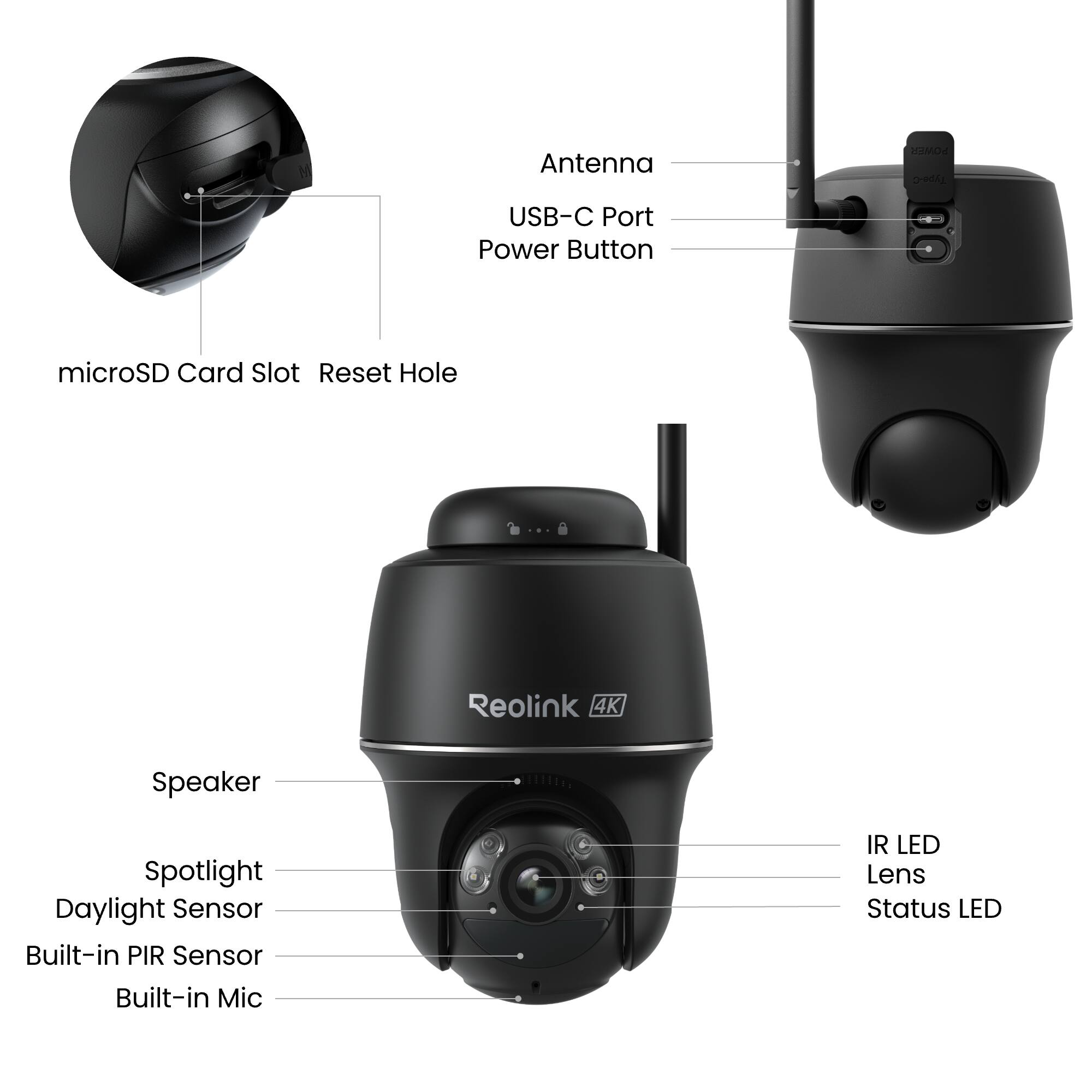 Antenna  
USB-C Port  
Power Button  
microSD Card Slot  
Reset Hole  
Reolink 4K  
Speaker  
Spotlight  
Daylight Sensor  
Built-in PIR Sensor  
Built-in Mic  
IR LED  
Lens  
Status LED