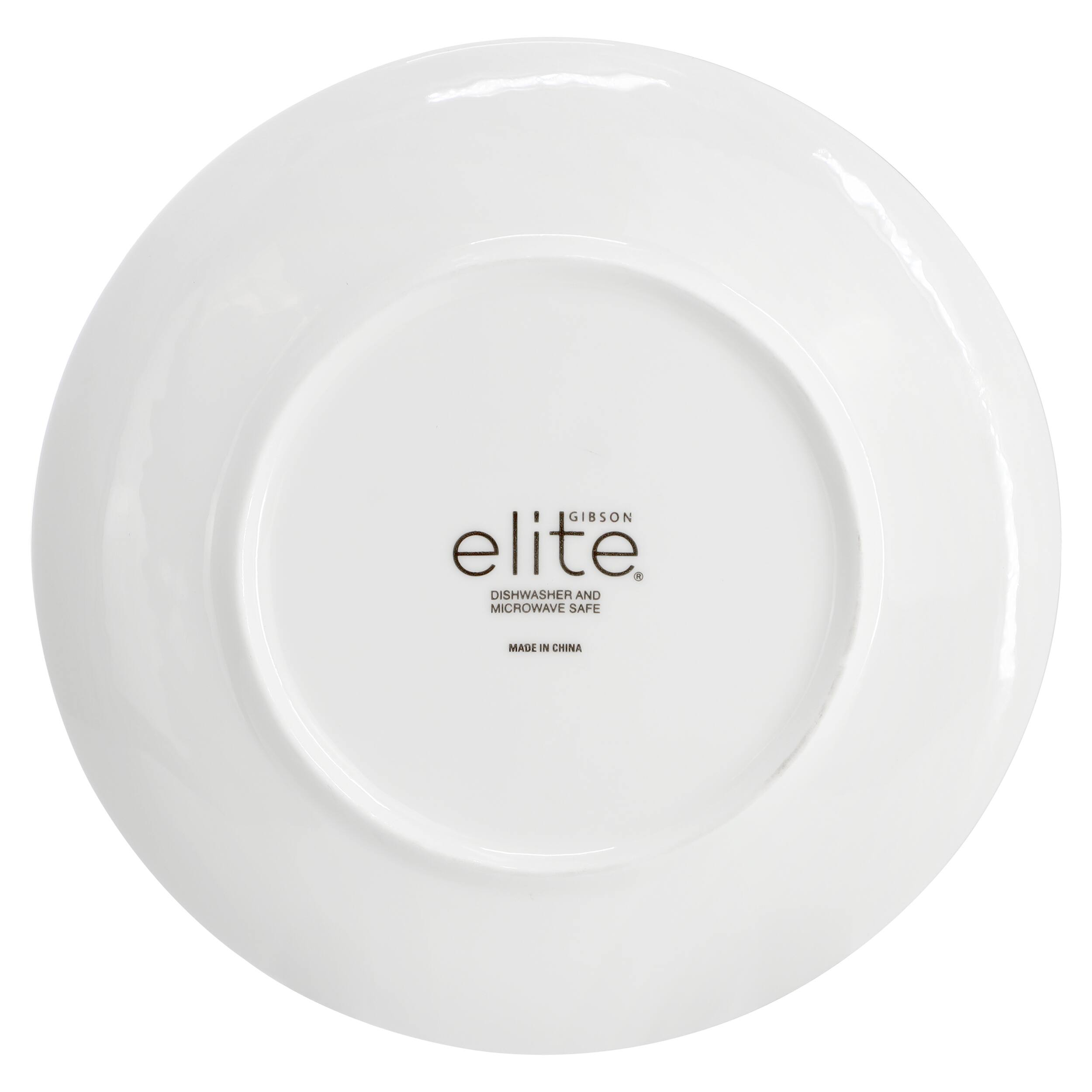 The text on the image reads "GIBSON elite DISHWASHER AND MICROWAVE SAFE MADE IN CHINA."