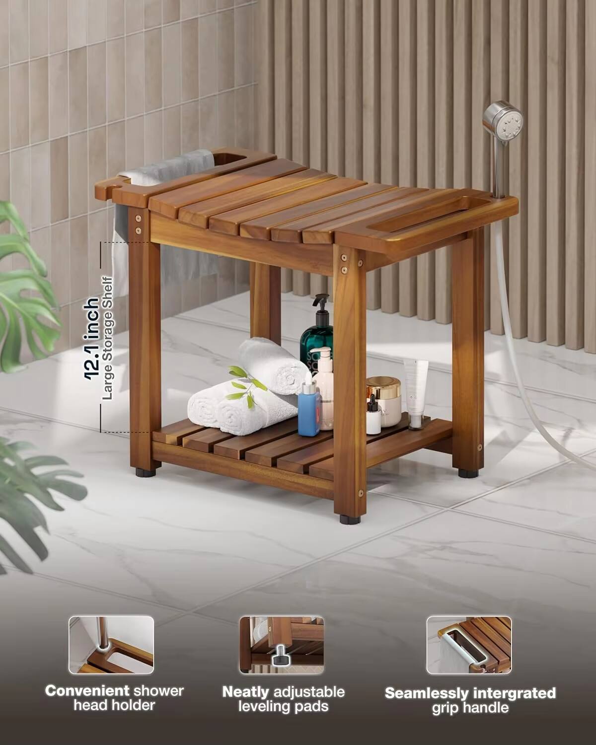 Shelf inch Storage 12.1 Large Convenient shower head holder Neatly adjustable leveling pads grip handle

- 12.1 inch Large Storage Shelf
- Convenient shower head holder
- Neatly adjustable leveling pads
- Seamlessly integrated grip handle