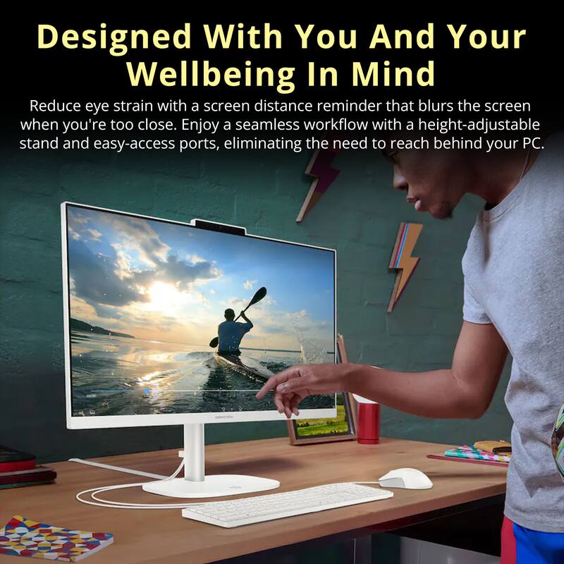 Designed With You And Your Wellbeing In Mind

Reduce eye strain with a screen distance reminder that blurs the screen when you're too close. Enjoy a seamless workflow with a height-adjustable stand and easy-access ports, eliminating the need to reach behind your PC.