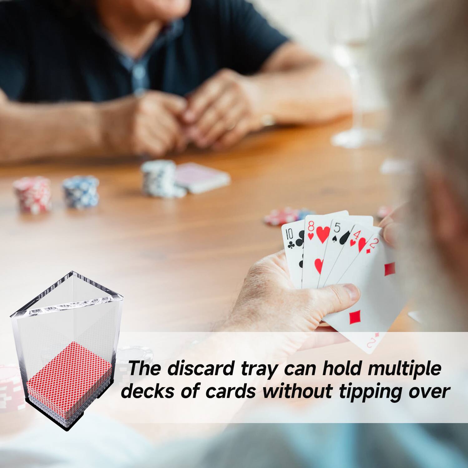 10 8 5 4 2 2
The discard tray can hold multiple decks of cards without tipping over
