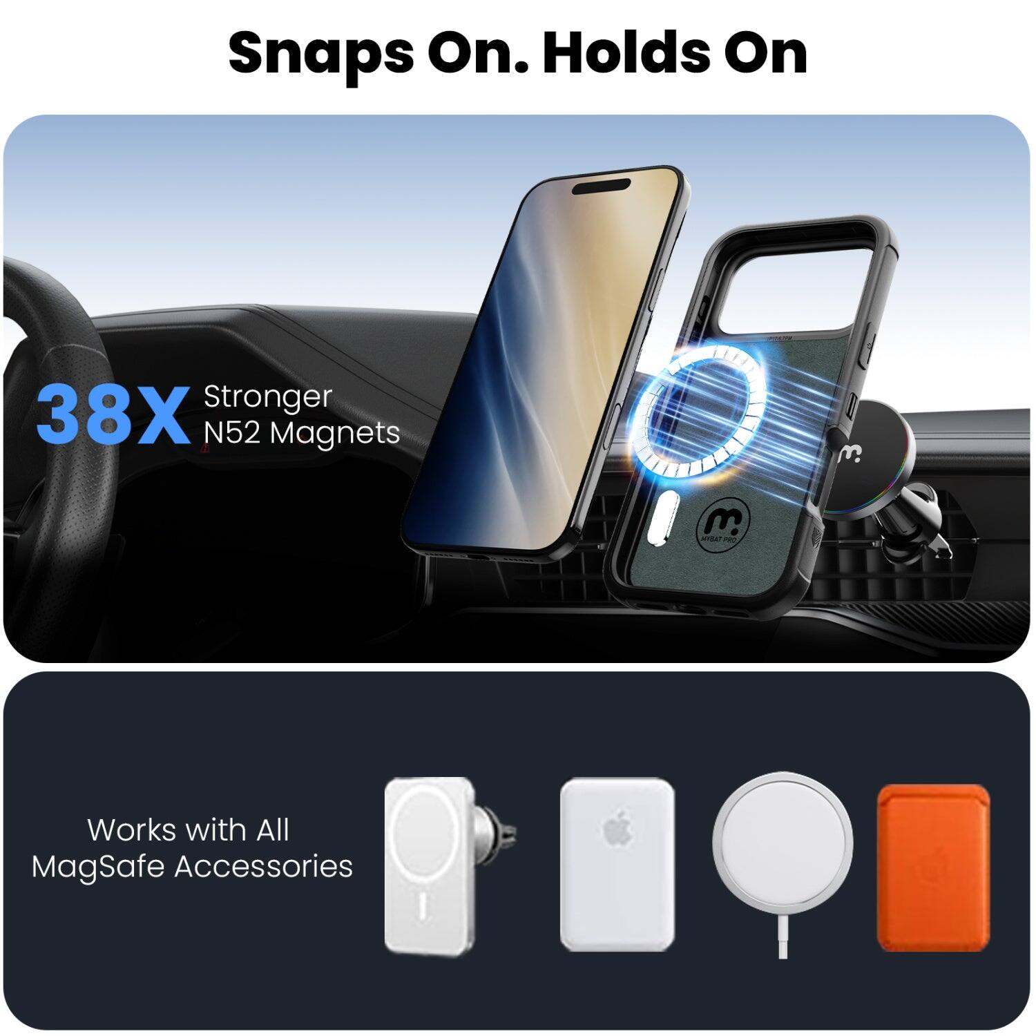 Snaps On. Holds On

38X Stronger N52 Magnets

MYBAT PRO

Works with All MagSafe Accessories