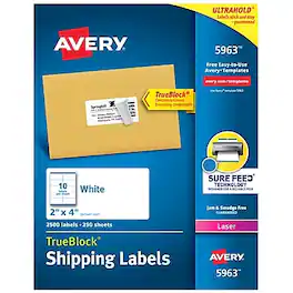 Avery - TrueBlock Laser Shipping Labels, 2" x 4", 2500 Labels/Box - Matte White